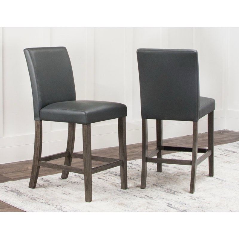 Lyons 24" Parsons Charcoal Gray Vegan Leather Dining Stools with Dark Brown Wooden Legs, Set Of 2