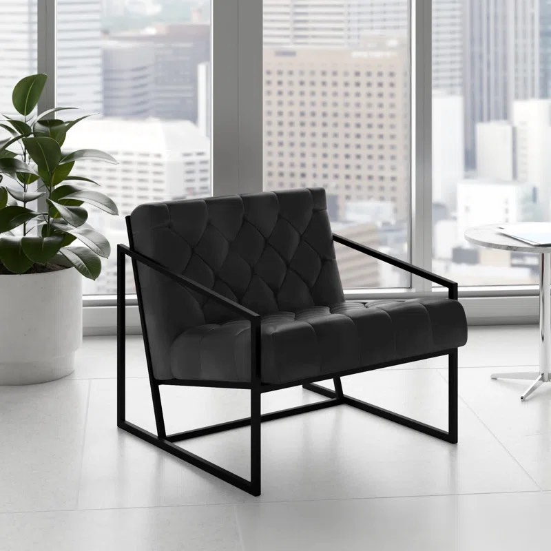 Flash Furniture Hercules Madison Series Soft Leather Tufted Lounge Chair in Black with Modern Metal Arm and Leg Base in Black