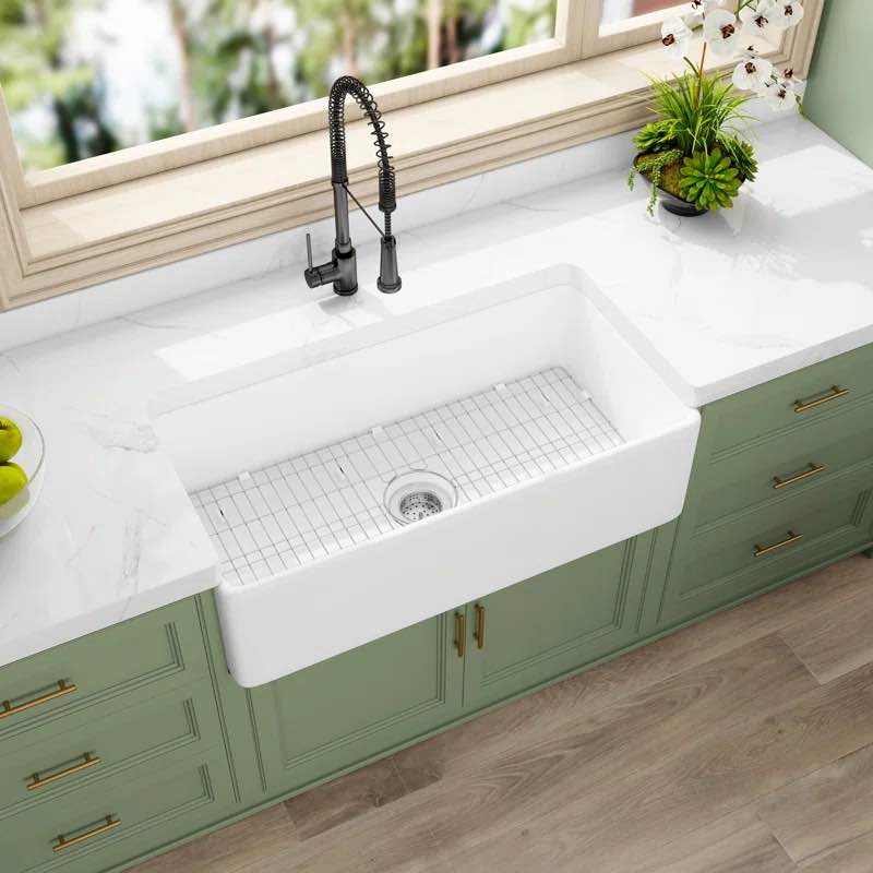 Denbigh 36'' W Farmhouse / Apron Single Bowl White Fireclay Kitchen Sink with Accessories ERI-FS-107N