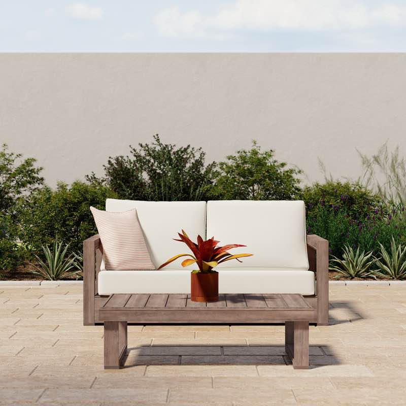 Donnie 2 Piece 2 Seat Outdoor Acacia Sofa and Small Coffee Table. Pillows included, Hardware Needed.