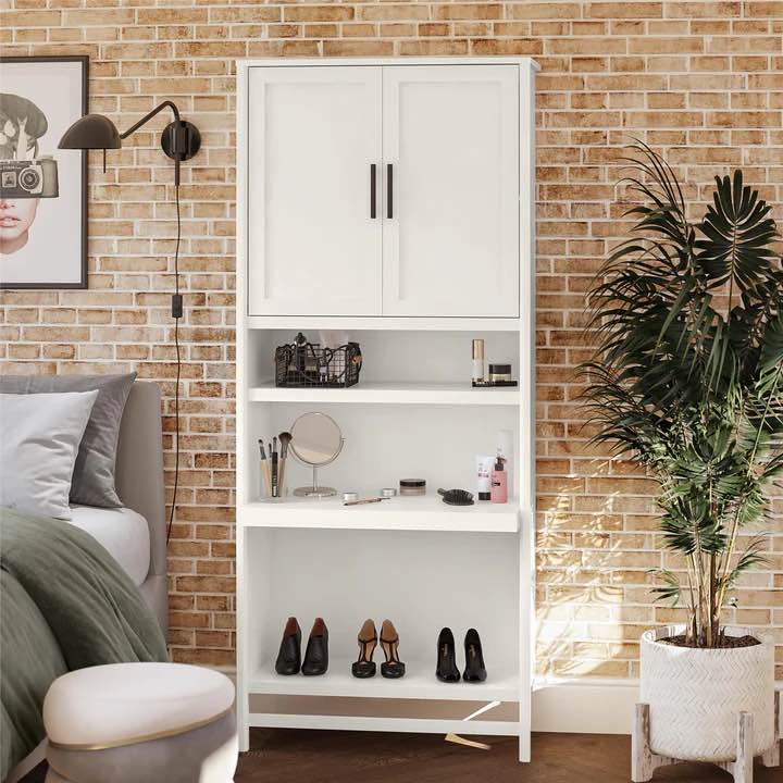 Luxe Wooden 5-Shelf Closet Vanity Tower in Ivory Oak with Black Handles. 35.67"W x 16.06"D x 83.43"H