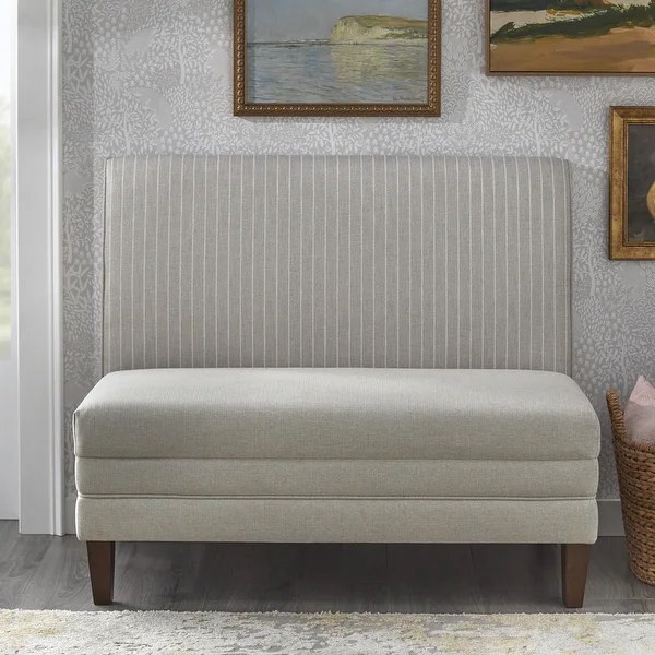 Lifestorey Phillips Striped Beige & White Linen Fabric Upholstered Dining Bench with Rubberwood Legs in Walnut Finish.