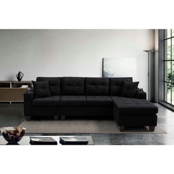 96 in. Black Tufted Square Arm 4 Seater Sofa in Black with 2 Accent Pillows and Storage Ottoman. Product Depth (in.) 57.48 in Product Height (in.) 31.88 in Product Width (in.) 96 in. All Pieces included, 2 Boxes Complete Item