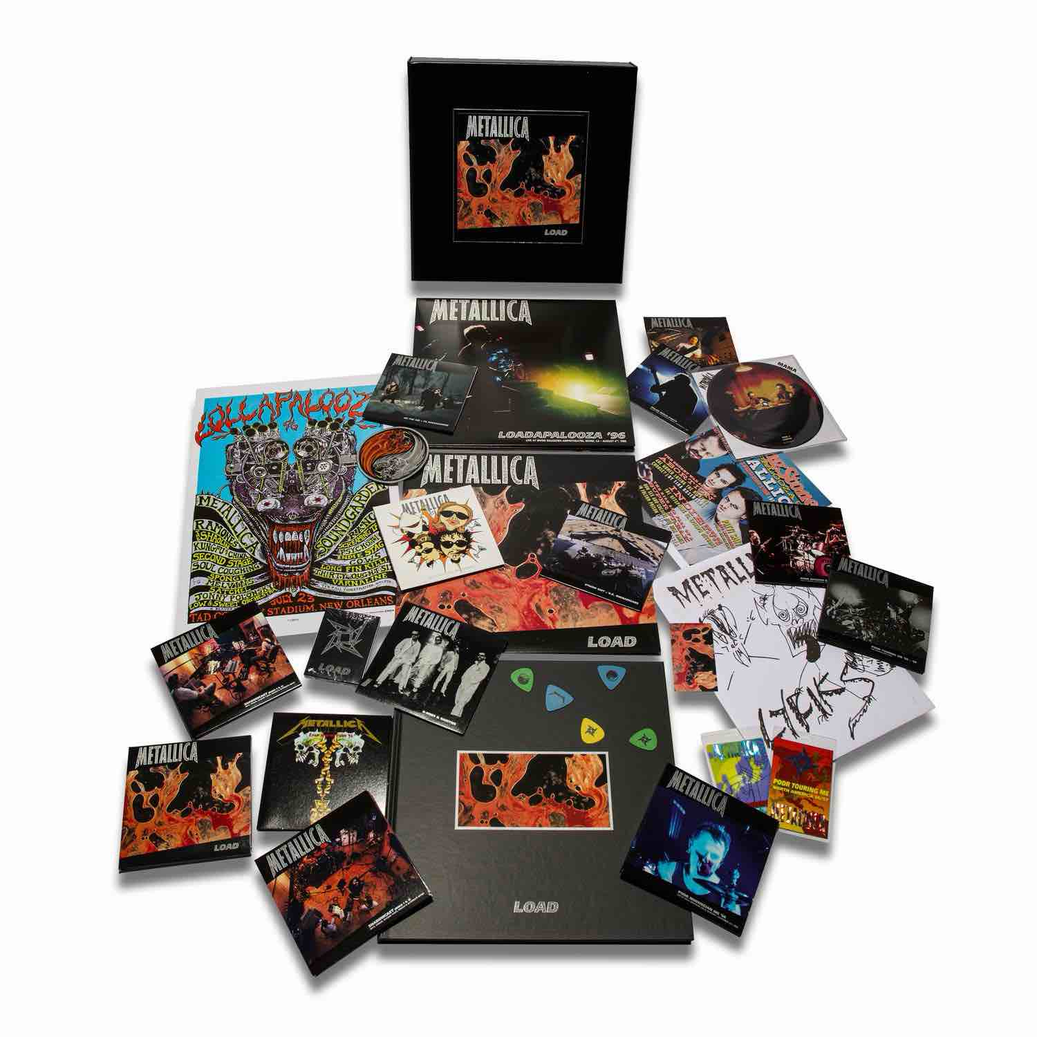Metallica Load Poor Tour Music Box Set, Including Albums, Vintage Posters, Copy of Handwritten Lyrics, Vinyl Records, and more. See Customer Service
