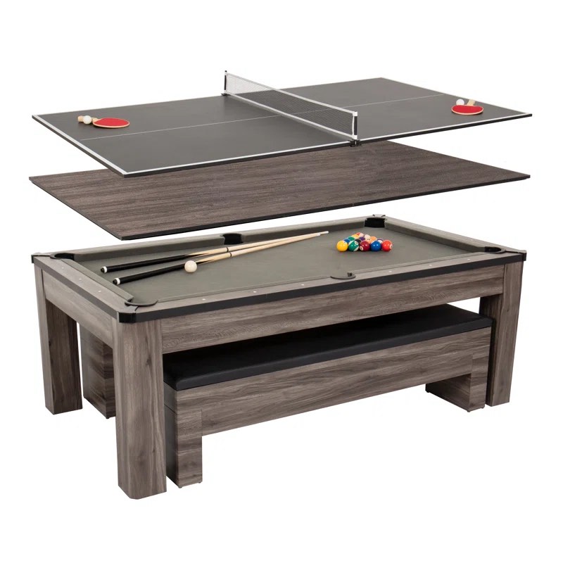 Newport 7-ft Pool Table Combo Set w/ Benches, Whitewashed Brown Wood Table and Bench Set, Can be Dining Table, Pool Table, And Ping Pong Tabe.