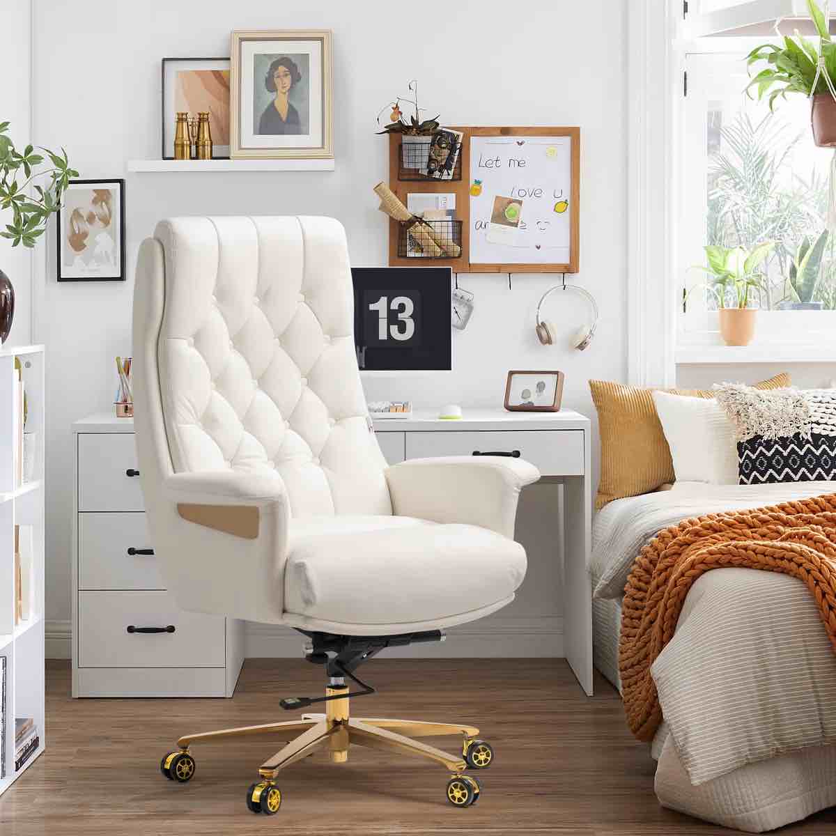Beautiful Kinnls Cellier Modern Genuine Leather Executive Office Chair with Massage Capabilities in White. Adjustable Height, Tilt Lock, and Gold Swivel Base