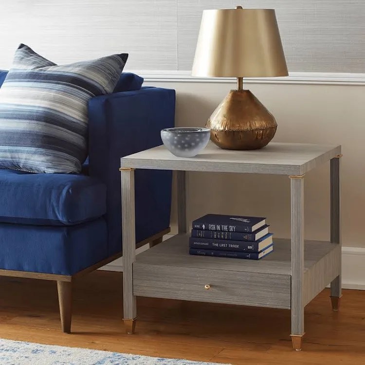 Villa & House Pascal 1-Drawer Side Table in Slate Blue Shimmer Lacquered Grasscloth, Brass Knob and Leg Tips, Open Base Shelf. Top needs resealed. 23w x 20d x 22.5h
