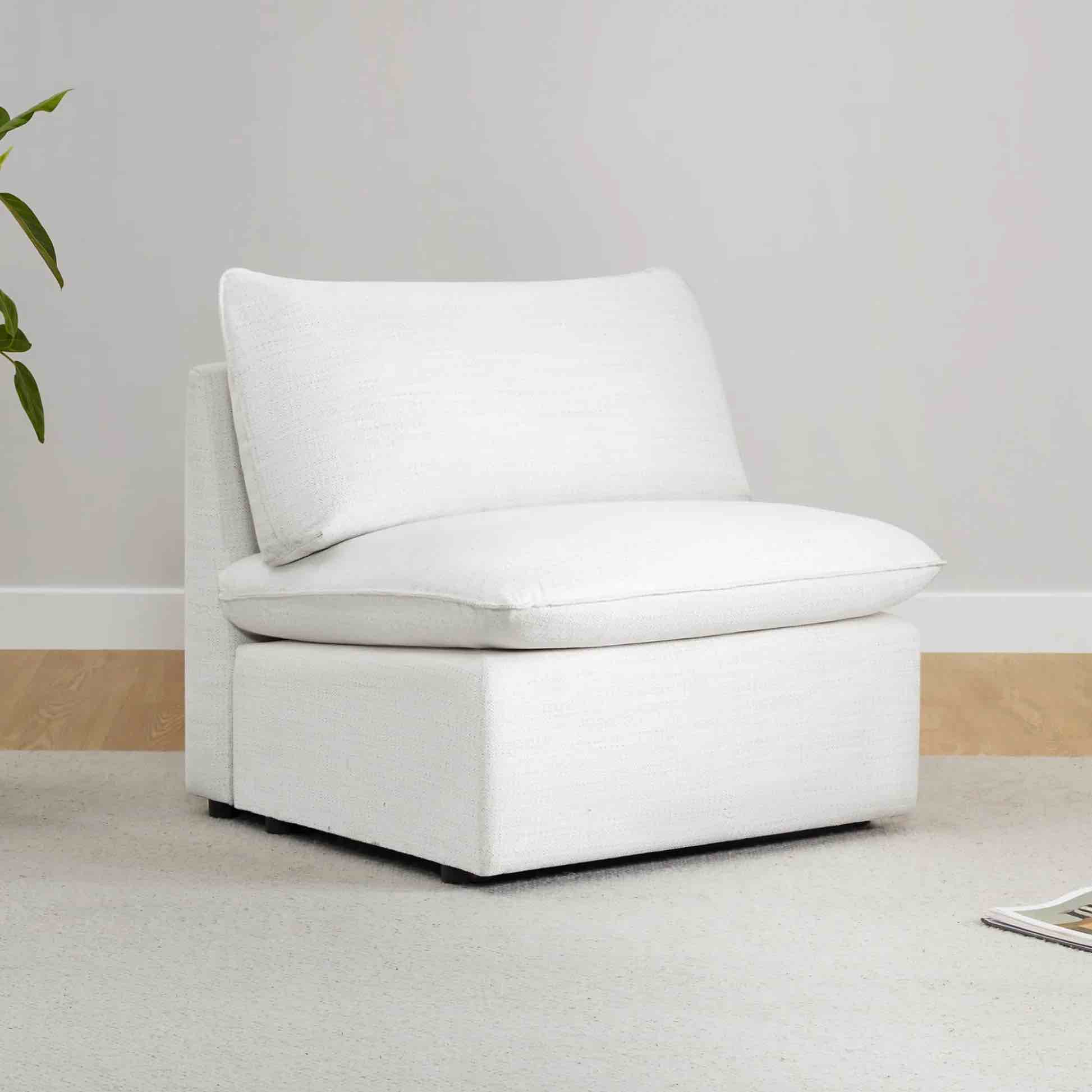 Sophia Modular Armless Sofa Chair in Chenille White Fabric with Tufted Cushioning