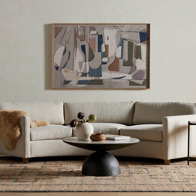 Crate and Barrel Modern Taupe Genuine Marble and Grey Aluminum 35" Sphere Coffee Table, Superficial crack along marble top. Width: 35" Depth: 35" Height: 15"