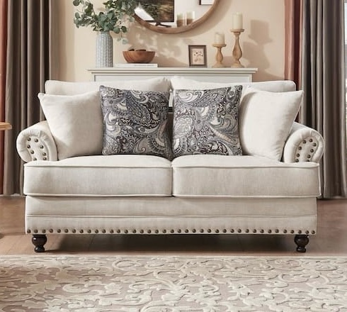 64 in. Chesterfield Chenille Beige Loveseat with Rolled Arms and Nailhead Accents (3 boxes)