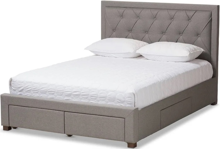 Light Grey Queen Size Modern Storage Bed with 2 Drawers, Tufted Linen Headboard. Buy/Repair, Leg needs reattached or rail replaced, can be purchased through baxton studio. 6 Boxes total