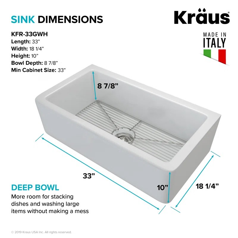 KRAUS KFR1-33GWH Turino Reversible 33-inch Fireclay Farmhouse Flat Apron Front Single Bowl Kitchen Sink with Center Drain Bottom Grid in Gloss White