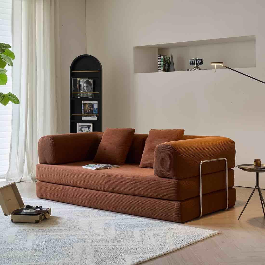 Sicilia 78.7'' Brown Soft Corduroy Compress Sofa Bed with Metal Frames and No Install. Unroll, Deflate, and Place Brackets. 