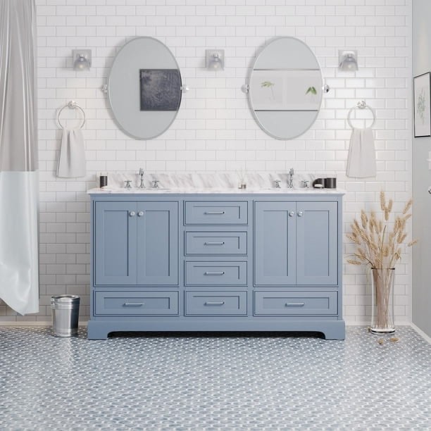Harper 60" Double Sink Bathroom Vanity in Powder Blue with a Carrara Marble Sink Top. 6 Drawers, 2 Single Shelf Cabinets, Silver Handles and Knobs. 60” L x 25” D x 36” H