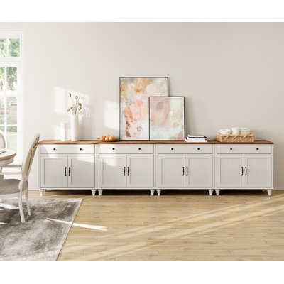 WAMPAT Wooden 2 Tone Rustic White and Hazelnut Top Sideboard with 4 Single Shelf Cabinets and 4 Drawers, Matte Black Handles and Knobs. 30.9'' H X 135.4'' W X 15.7'' D