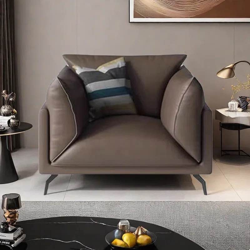 Nordic Simple Brown Vegan Leather Accent Chair with Decorative Pillow. See Customer Service