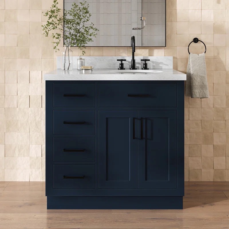 Tidworth 36” Midnight Blue Single Vanity with 5 Drawers and 1 Open Space Cabinet, Matte Black Metal Handles. Comes with Genuine White Italian Marble Sink Top and Rectangular Porcelain Sink Bowl (Bowl inside Cabinet). 37” W x 16” D x 36” H 