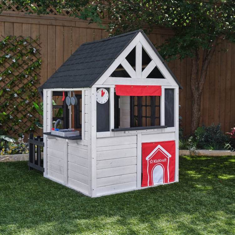 KidKraft Riverscape Outdoor Pinewood Playhouse in Black and White, Minor paint scuffs on several pieces, some smaller pieces need replaced can be purchased through KidKraft, Pot and Pan Accessories sold separately.