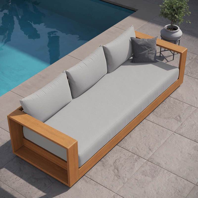Tahoe Outdoor Patio Acacia 3 Seater Sofa with Light Grey All Weather Cushioning. 94.5” W x 33.5” D x 23” H