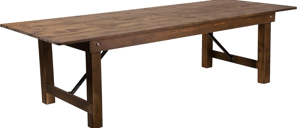Flash Furniture Hercules Series 9' x 40" Rustic Solid Pine Folding Dining Table, Rectangular Antique Farmhouse Dining and Event Extension Table. Some chipping along top and sides. 40"D x 108"W x 30"H