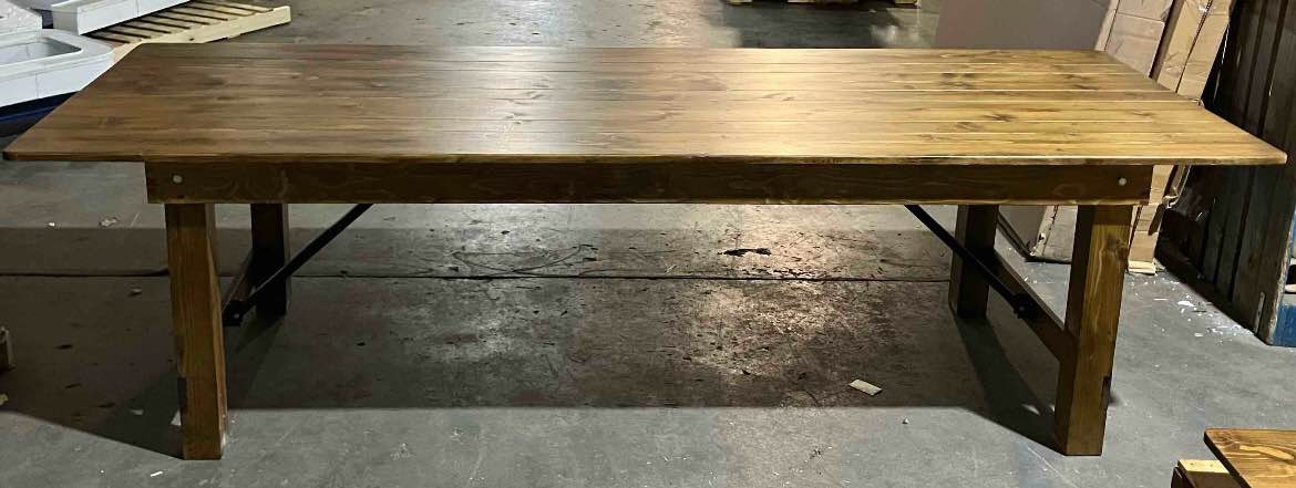 Condition photo showing Good Condition for Flash Furniture Hercules Series 9' x 40" Rustic Solid Pine Folding Dining Table, Rectangular Antique Farmhouse Dining and Event Extension Table. Some chipping along top and sides. 40"D x 108"W x 30"H