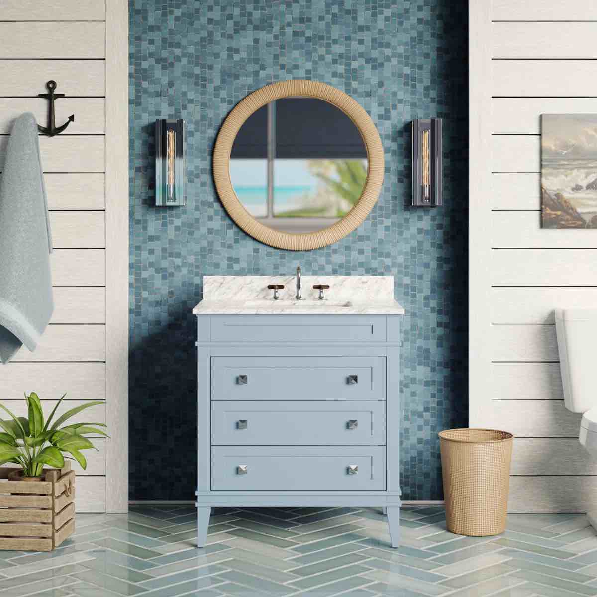Frankfurt 30" Powder Blue Single Bathroom Vanity with 3 Drawers, Silver Knobs, and Quartz Top with Handpainted Carrara Marble Design. Back left frame bent inward, small scuffs along sides, otherwise brand new condition. 30'' W X 22'' D X 35'' H 
