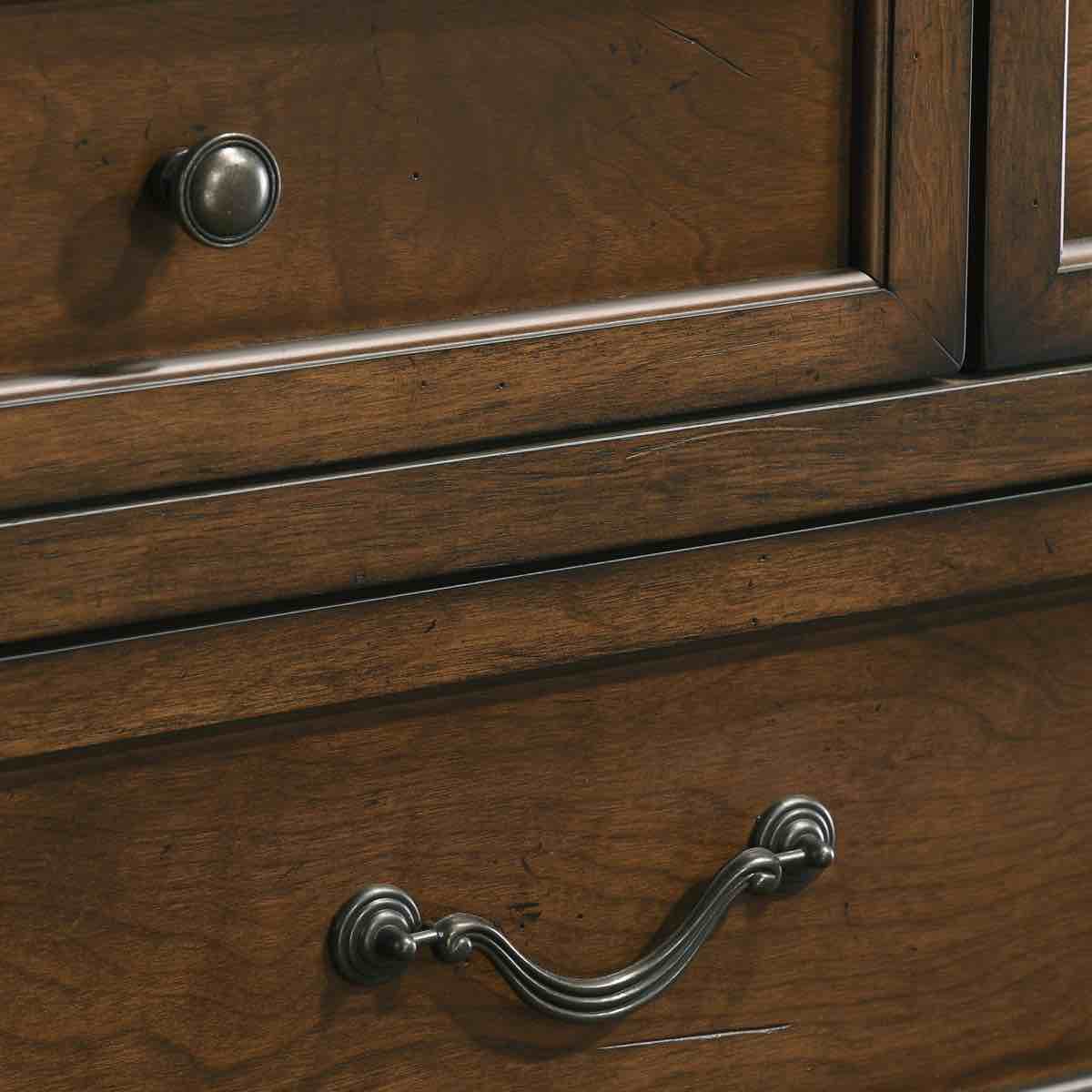 Condition photo showing Good Condition for Roundhill Furniture Maderne Traditional Wood 9-Drawer Dresser - Antique Walnut, chips in front left corner (pictured), 59.5"W x 16.8"D x 39"H