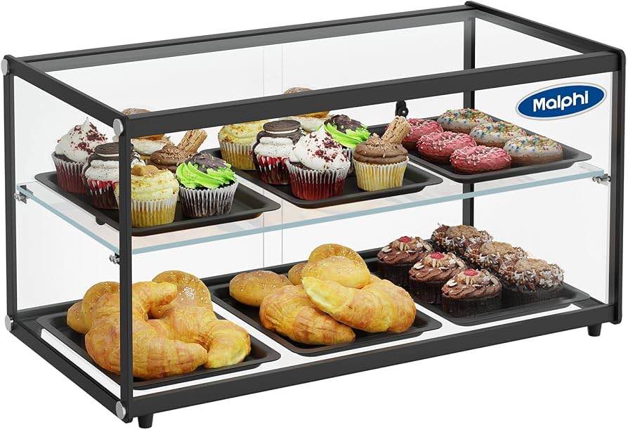 Condition photo showing Good Condition for Malphi 29in. Tiered Pastry Bakery Display Case with Glass Shelf and Sliding Door,3cu. ft. Capacity|Large Bread Cookie Display Box | 29.3" x 15.3" x 15.4, One Glass Panel Missing can be replaced at any hardware store