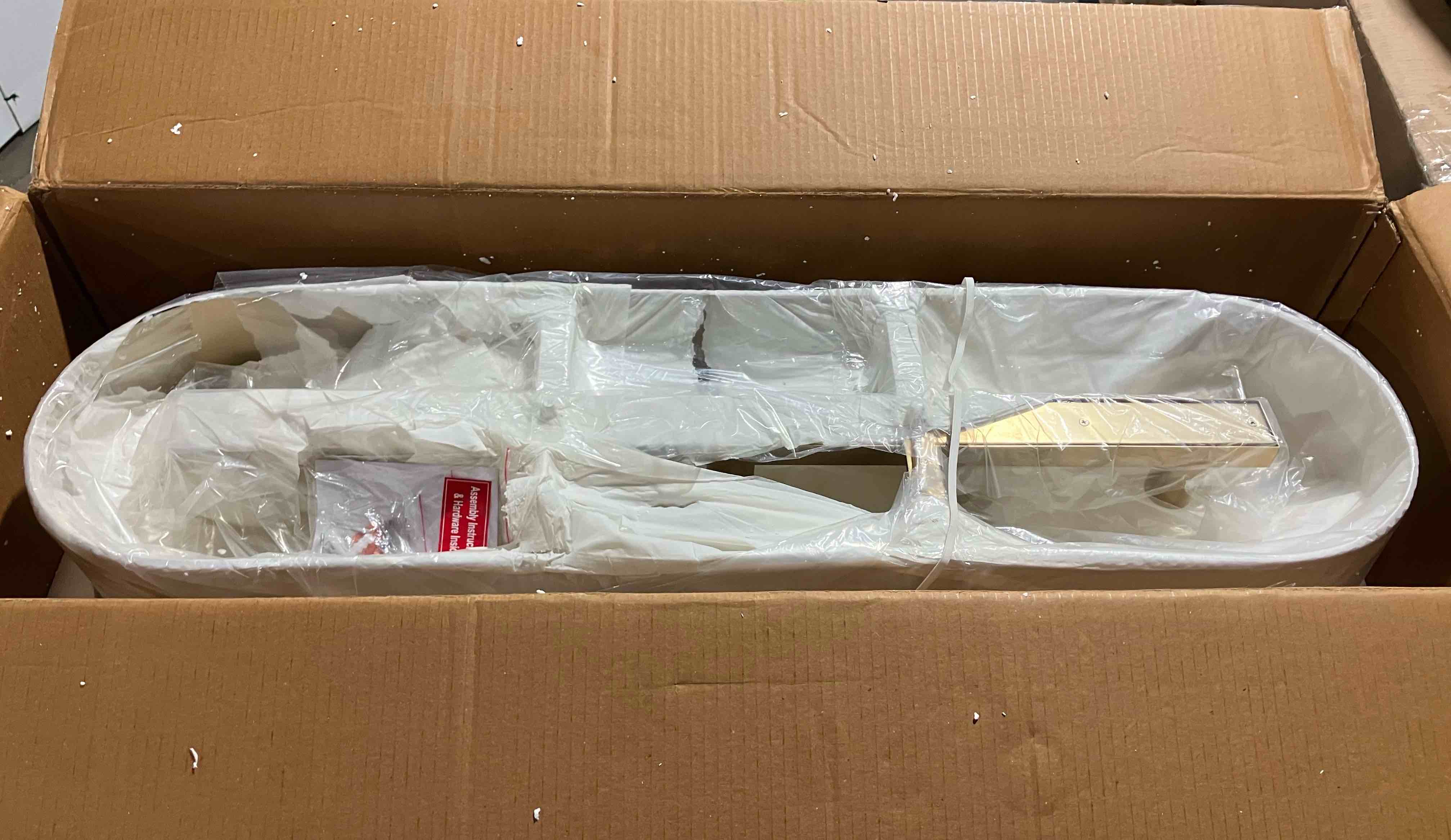Condition photo showing New/Like New for Capital Lighting 850751KR Donovan Mid-Century Modern Artisan Luxe Fluted Mango Wood Linear Chandelier, 5-Light 500 Total Watts, 9" H x 44" W, Black Stain and Matte Brass
