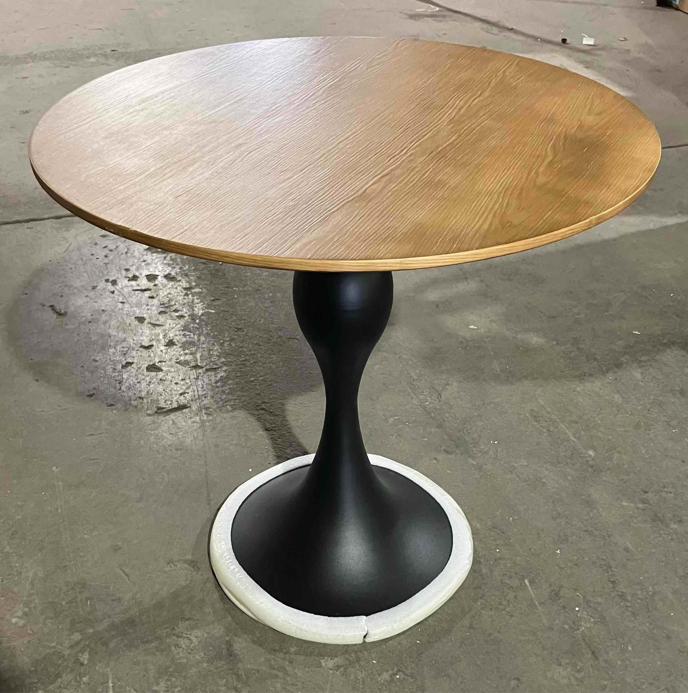 Condition photo showing Good Condition for Nut-brown Round Solid Wood Dining Table / Negotiation table 29.53"H x 31.5"L x 31.5"W - (Good condition because of 2 small imperfections in wood on sides, both pictured)