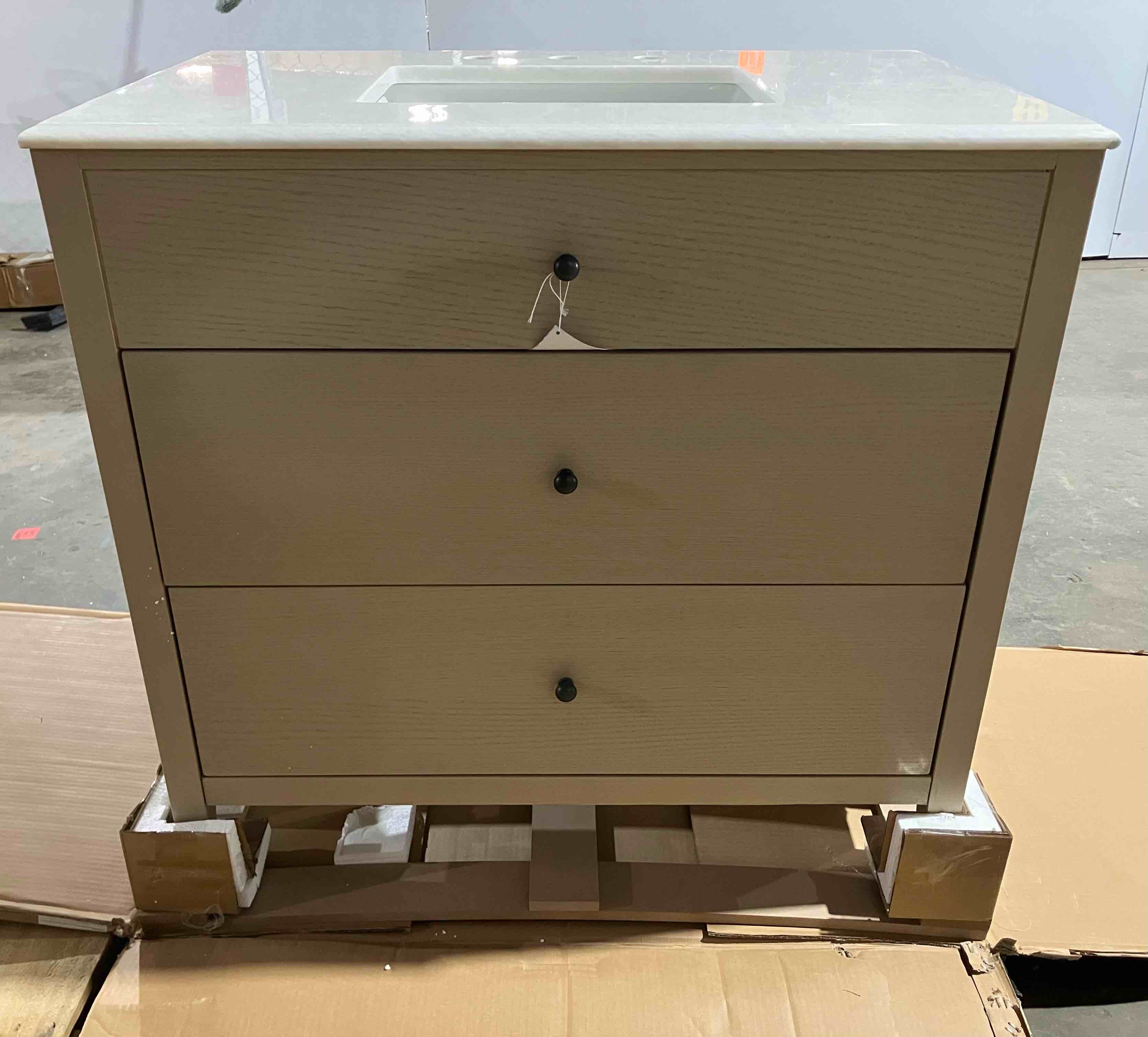 Condition photo showing Good Condition for Oliviabella 36" Single Vanity - (Good condition because of minor damage to the front right corner of vanity top, pictured)