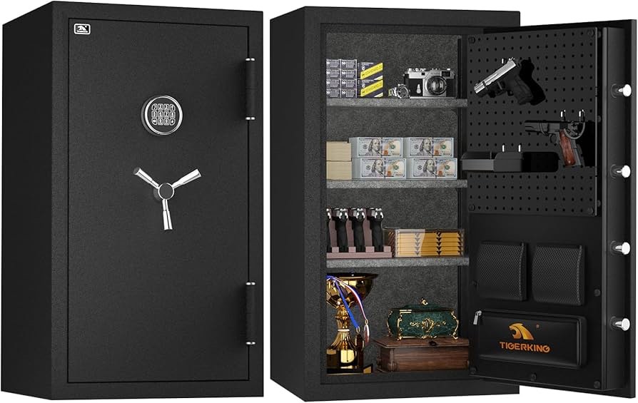 Condition photo showing New/Like New for TIGERKING 8.78 Cu Ft Fireproof and Waterproof Safe with Digital Lock, DIY Pegboard Door, Heavy-Duty Steel Large Floor Safe for Home & Office, 40-Min 1200°F Fireproof & 72-Hr Waterproof Protection, minor cosmetic scuffing on exterior does not affect functionality 