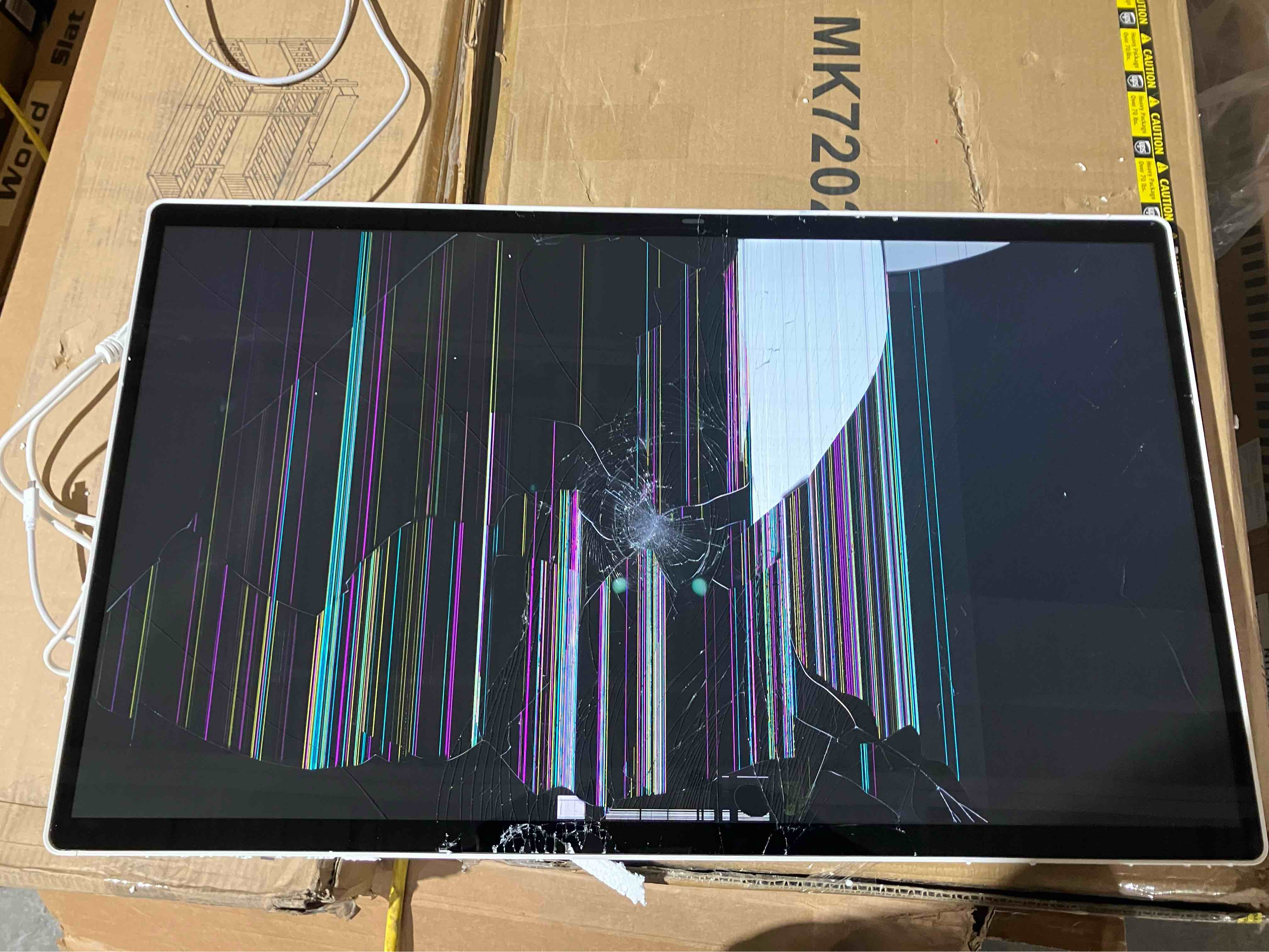 Condition photo showing As Is for 32 Inch 4K UHD IPS Touchscreen Smart Monitor Swing with Rolling Stand - (As is because screen is cracked and damaged)
