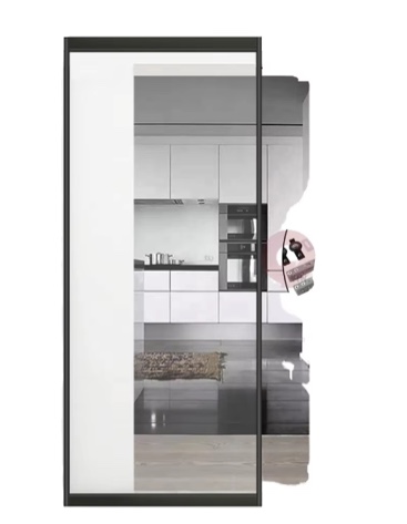 Black Aluminum Framed Clear Glass Executive Sliding Door Wall Divider, minor scrape on edge of left hinge, small bend in top nail, otherwise beautiful condition. Door only, hardware not included. 94” L x 41” W x 2” Thick