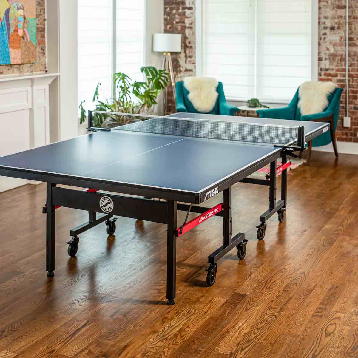 stiga advantage pro regulation size foldable indoor table tennis table (19mm thick) overall dimensions 108'' l x 60'' w x 30'' h