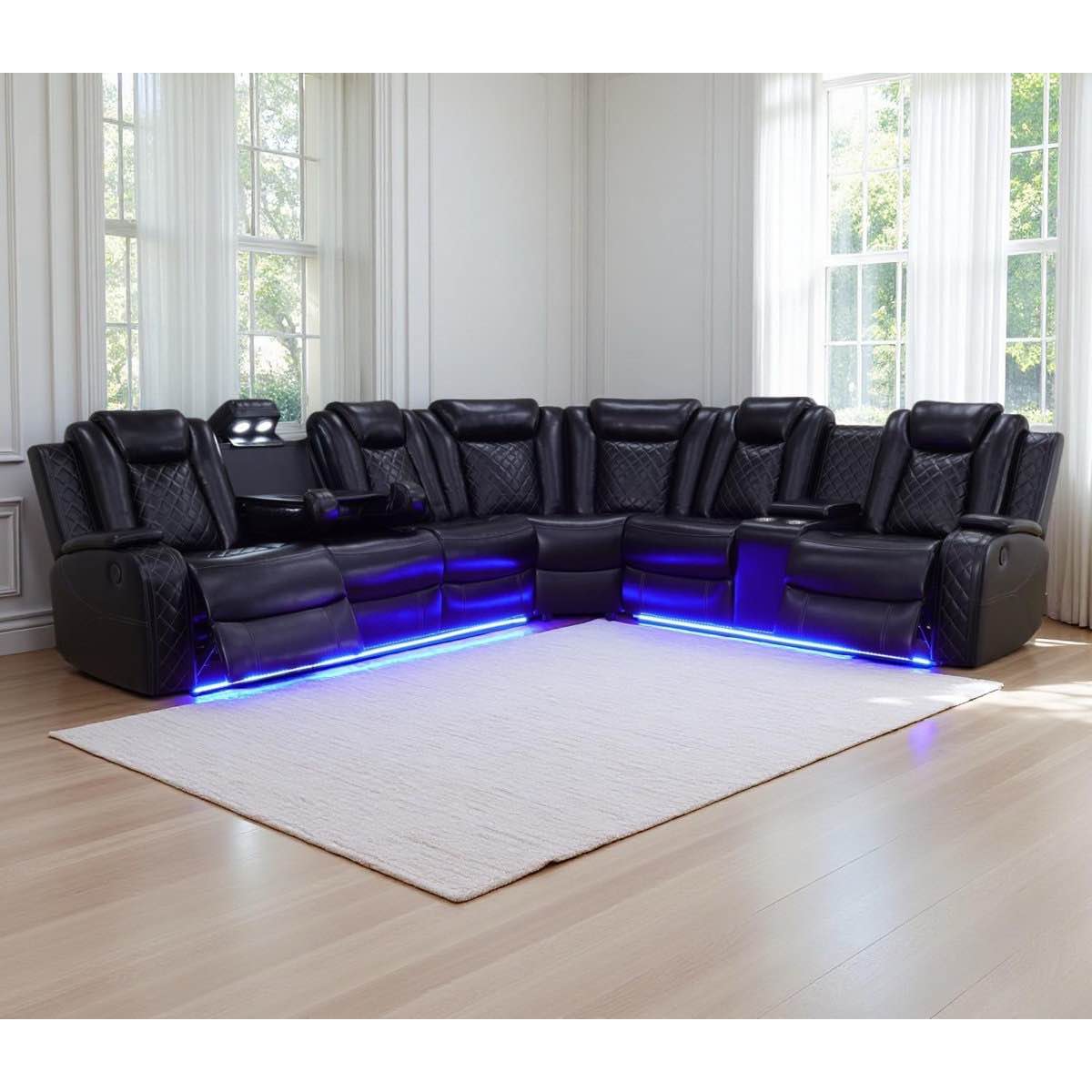 3-Piece Black 210inch Leather Movie Theater Style Diamond Tufted 6 Seat Power Reclining Sectional (Row 19)