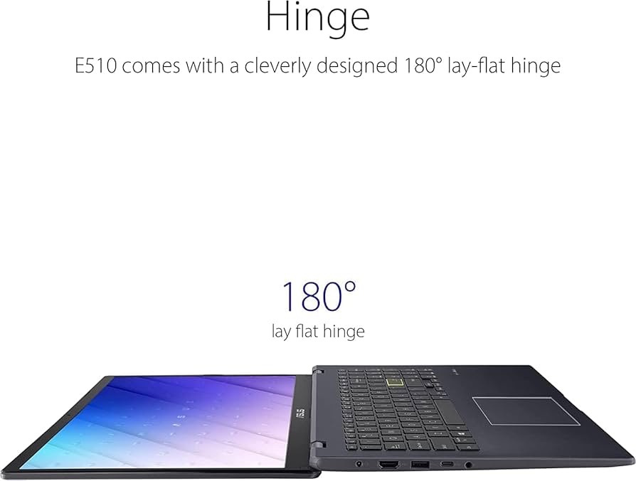 Condition photo showing New/Like New for asus e510 ultra thin 180° hinge laptop, 15.6" hd display, intel celeron n4020, 4gb ram, 256gb pcle ssd, bluetooth, hdmi, windows 10 home, star black