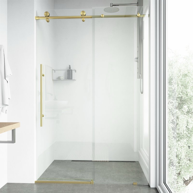 VIGO Adjustable 44-48"W x 76"H Elan E-Class Frameless Sliding Rectangle Shower Door with Clear Tempered Glass, Reversible Door Handle and Stainless Steel Hardware in Matte Brushed Gold-VG6021MGCL4876
