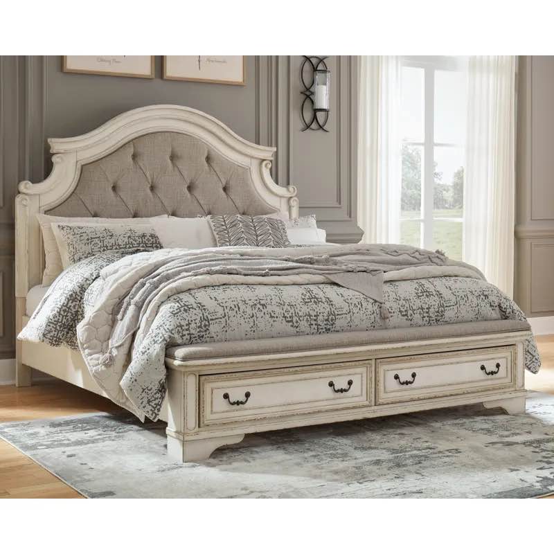 Realyn White Distressed Upholstered Storage Bed with Grey Tufted Fabric Headboard, Antique Iron Handles for Drawers. Small scratches along sides, is considered brand new. 