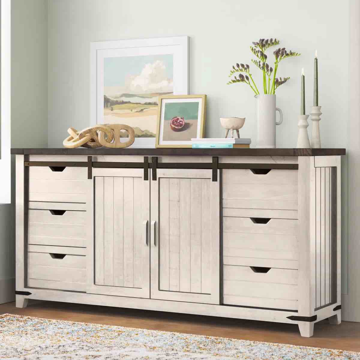 Karley 70'' Distressed 2 Tone Aged White and Espresso Solid Wood Sideboard with Barnstyle Cabinet Doors, 6 Drawers, and Single Shelf Interior. Minor scratch along back, is considered brand new. 34'' H X 70'' W X 18'' D