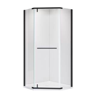 36 in. w x 72 in. h pivot frameless shower door in matte black with 1/4 in. (6mm) tempered glass. glass panel has small chip on corner, two hardware strips have some damage may need replaced, otherwise quality door. 