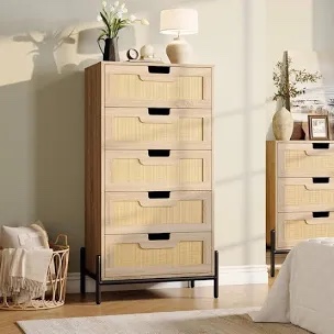 Natural 5 Drawer Dresser, Wooden Chest Of Drawer, Farmhouse Storage Cabinet With Metal Legs, Modern Dresser For Bedroom, Living Room, Entryway