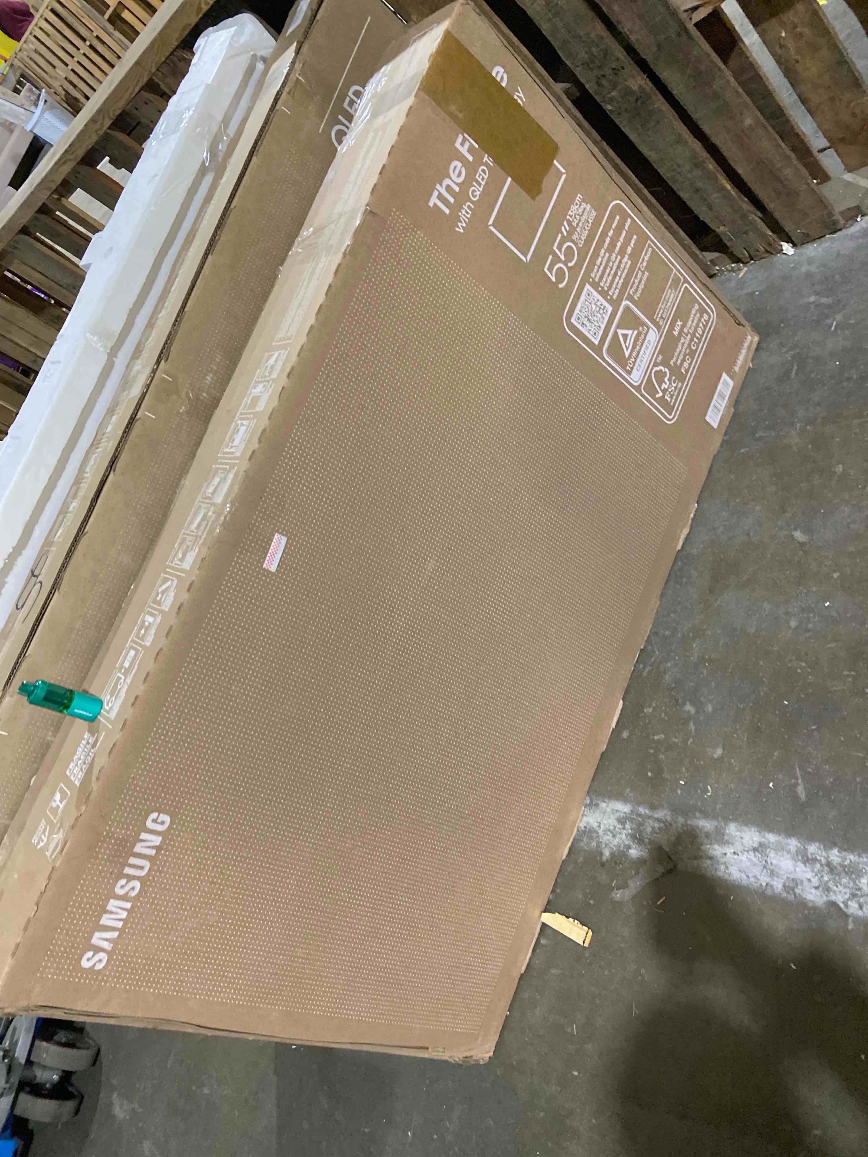 Condition photo showing As Is for Samsung QN55LS03FA 55" The Frame QLED 4K AI TV (2025) Bundle with Modern White Bezel, CPS 26 Month Protection, Slim Flat Mount, 2X HDMI Cables & Deco Gear Complete Home Theater Beginner's Guidebook. screen broken