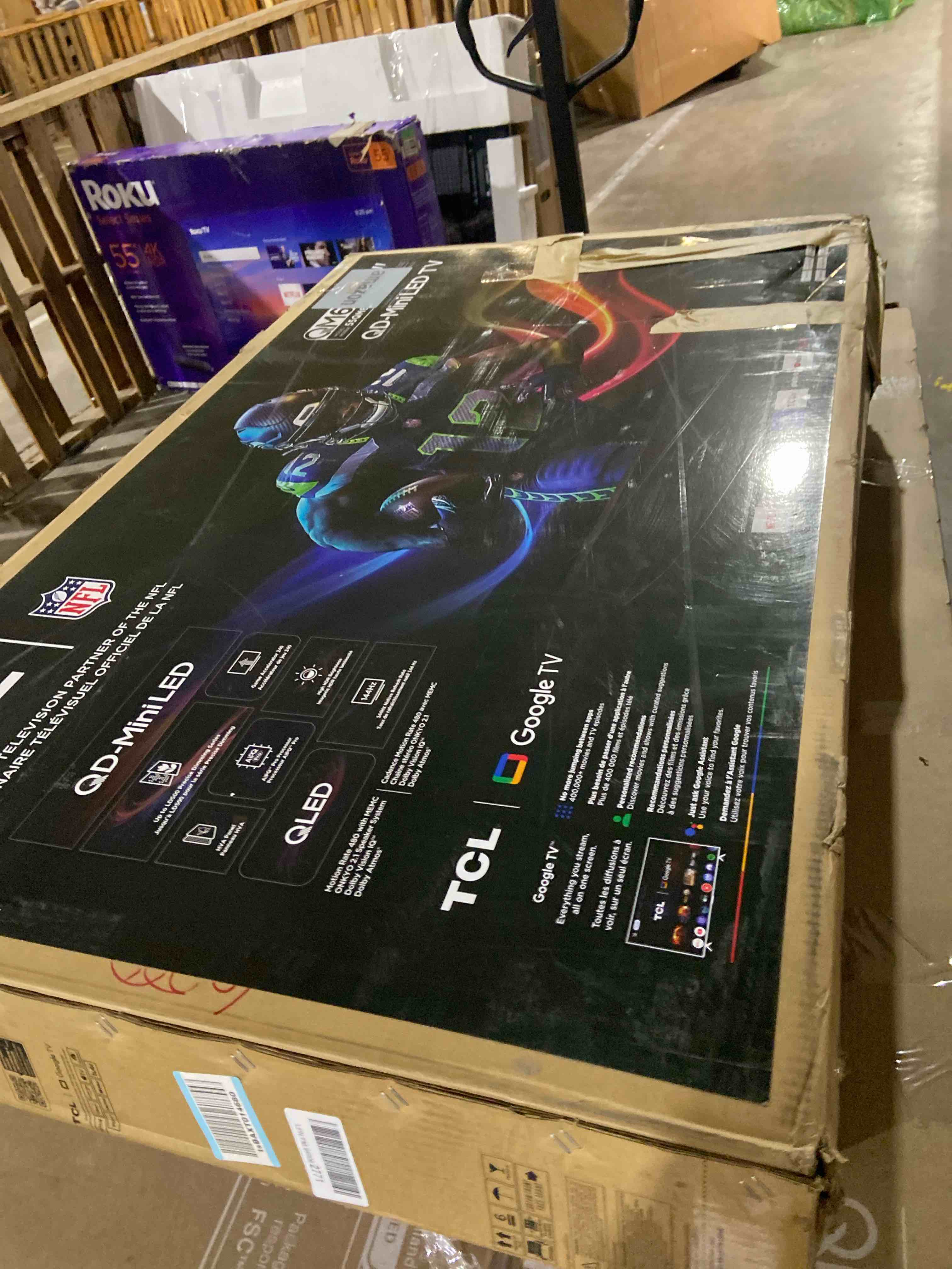 Condition photo showing As Is for TCL 55 Inch Class QM6K Series | Mini LED QLED 4K HDR | 55QM6K, 2025 Model | 120HZ-144HZ High Brightness Smart Google TV Dolby Atmos Onkyo Audio | Voice Remote Alexa Gaming Streaming Television. screen is broken
