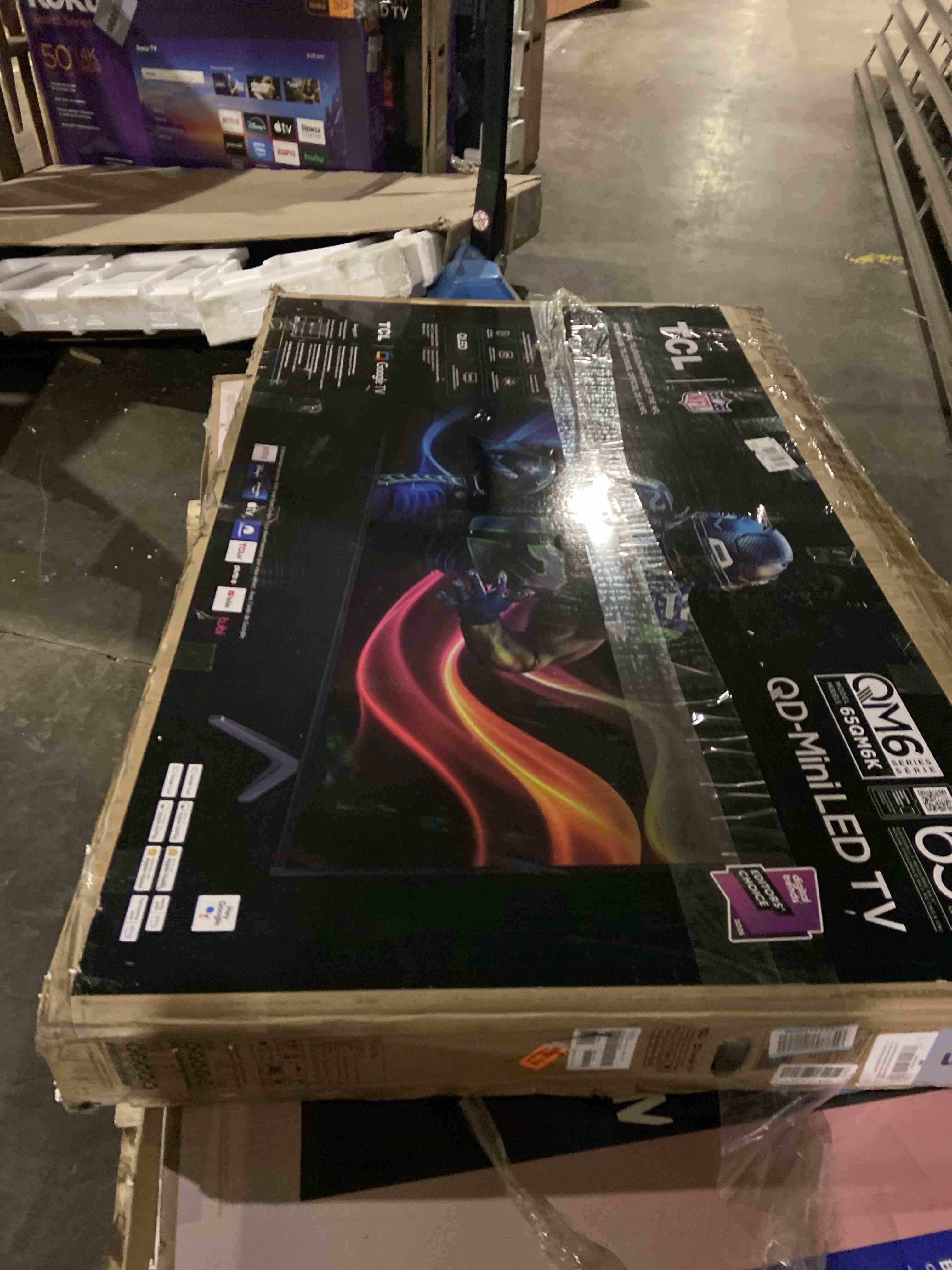Condition photo showing As Is for TCL 65 Inch Class QM6K Series | Mini LED QLED 4K HDR | 65QM6K, 2025 Model | 120HZ-144HZ High Brightness Smart Google TV Dolby Atmos Onkyo Audio | Voice Remote Alexa Gaming Streaming Television screen is broken