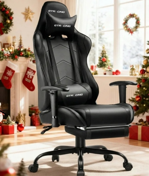 GTRACING Gaming Chair Office Chair PU Leather with Footrest & Adjustable Headrest, Black