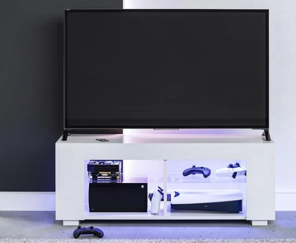 NTense LED TV Stand with Glass Shelves for TVs up to 55", White Gloss