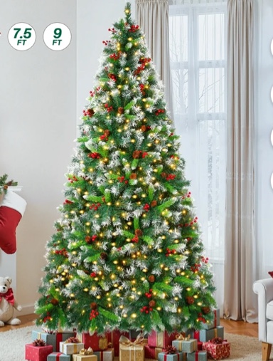 firstness 6ft pre-lit artificial christmas tree,green xmas tree with 1000 branch tips 300 led lights,pine cones + red berries