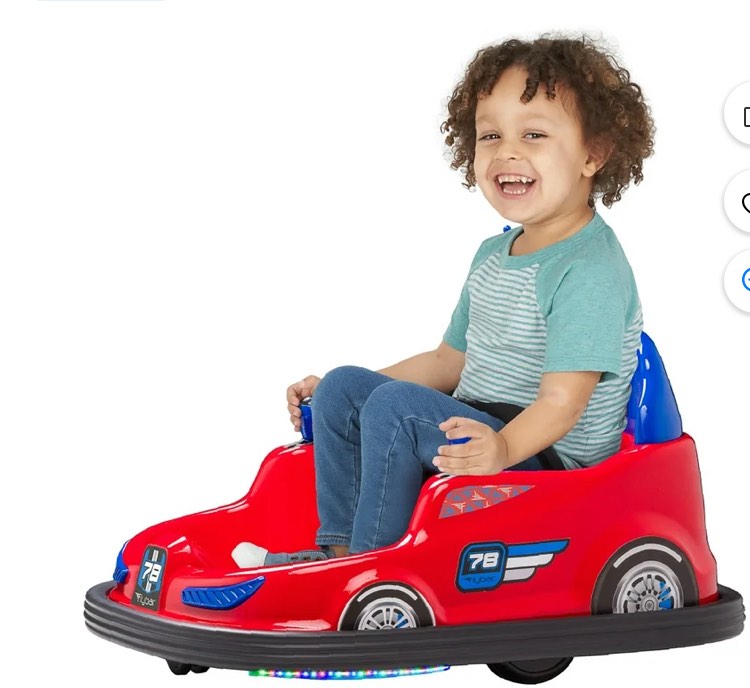 kid trax 6v bumper car ride-on toy, red, 360° spin with led lights, soft bumpers, safety belt