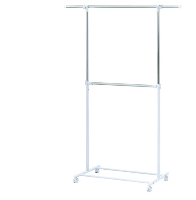 mainstays 2-shelf garment drying clothes rack - adjustable height, locking wheels, metal, silver/white - closet organization